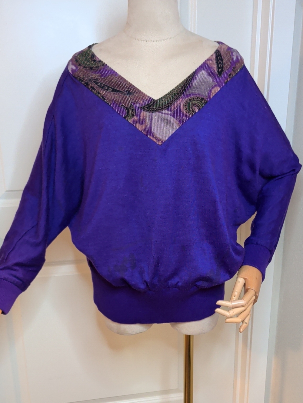 Vintage 80s Purple Doleman Sweater Corduroy Paisley V‑Neck Fitted Waist SZ M